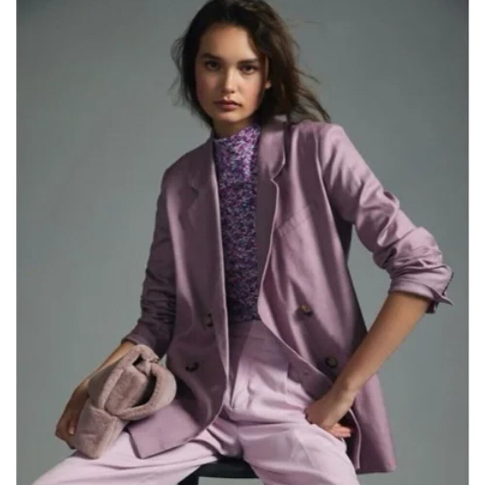 NWT Anthropologie‎ Maeve Double Breasted Linen Blazer Lilac Sz 12 Modern Career - Picture 2 of 11